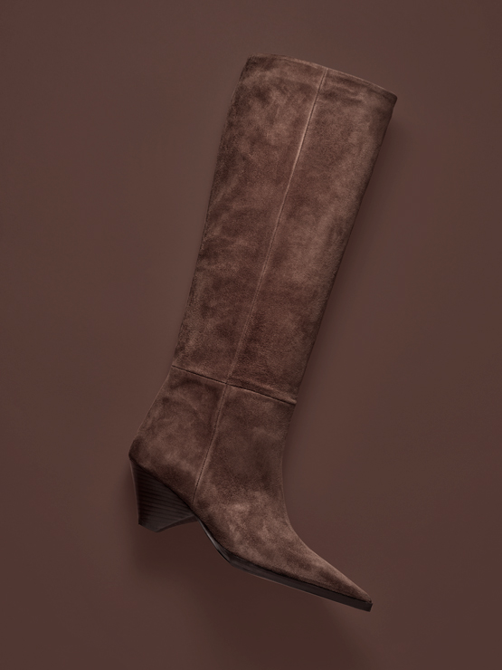 Kuhfellstiefel, Stiefel, Overknee, Hochkrempe, Absatzblock